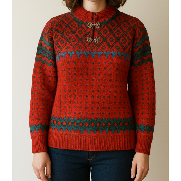Dale Of Norway Pure Wool Lined Heavyweight Sweater Red Nordic Print Clasp Large - Picture 15 of 16